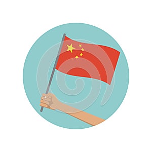 China waving flag circle icon. Hand holding Chinese flag. Red national symbol with yellow stars. Vector illustration